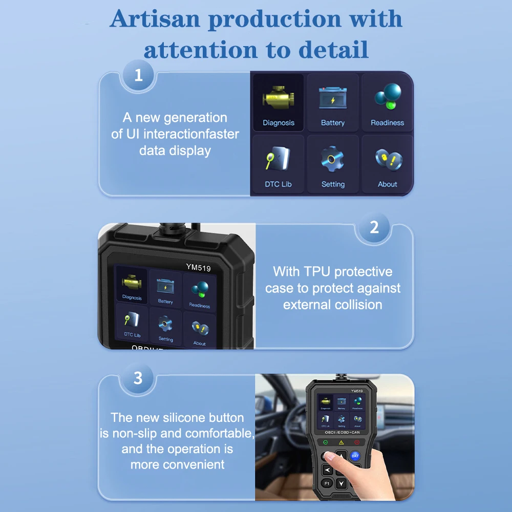 Picture 4: OBD2 Code Reader Code Reader Fault Code Scanner Car Diagnostic Tool Multi-language Check Engine System Battery Tester YM519