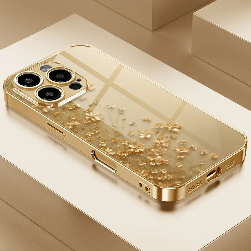 Elegante flor dourada ouro metálico pintura vidro caso de telefone para iphone 17 16 15 14 13 12 11 pro max 15 14 plus 17 ar 16e capa
