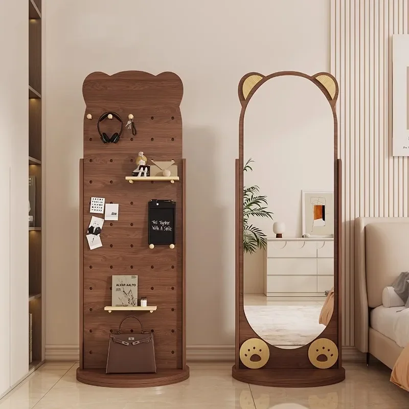 Hole Bear Full Length Mirror Rotating Movable Floor Mirror with Clothes Hanger for Girls Bedroom