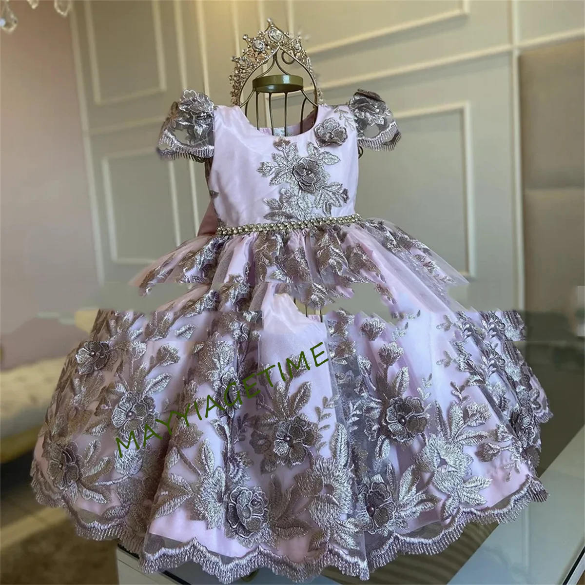 CustGirl Communion Wedding For Girl Flower Girl Dresses 2023 Applique Party Dresses Girl Ball Gown Age 2-16 years Sheer Neck Lac