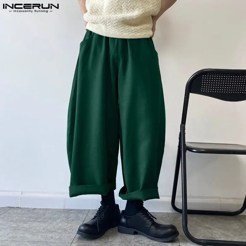 INCERUN Men Pants Solid Color Elastic Waist Loose Joggers Casual Wide Leg Trousers Men Streetwear 2024 Oversize Vintage Pants