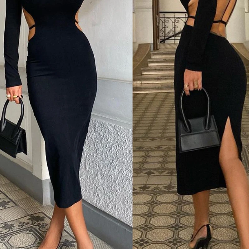 Seksowna, wycięta sukienka bodycon damska na wieczór, długa, z rękawami, jesienna, modna dla młodych kobiet.