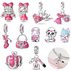 Sweet Pink Girl Modern & Cute Pet Cat & Glass Slipper Dangle Charm Fits Brand Bracelet 925 Sterling Silver Jewelry Accessories