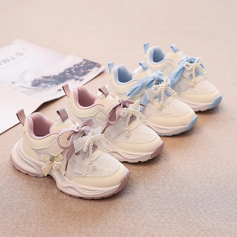 

Kids Casual Sneakers Princess Style Girls Running Shoes Sweet Lace Bows Beading 2025 Autumn New Children Sports Shoes Hook&loop
