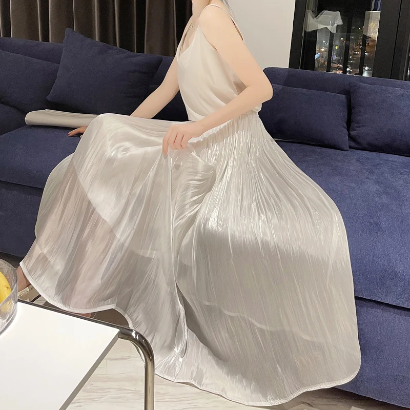 

New A-Line Midi Skirt Women Summer High Waist Slimming Versatile Silk Smooth Pleated Long Spring Autumn Season Pure Color Ele...