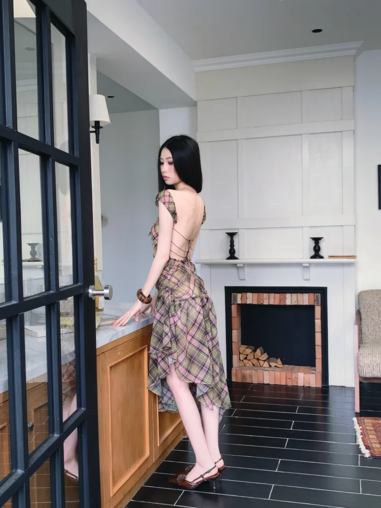 Summer Plaid Chiffon Chic Backless Sexy Sling Dress Women Elegant Bandage Casual Dress 2026 Korean Bodycon Luxury Evening Dress