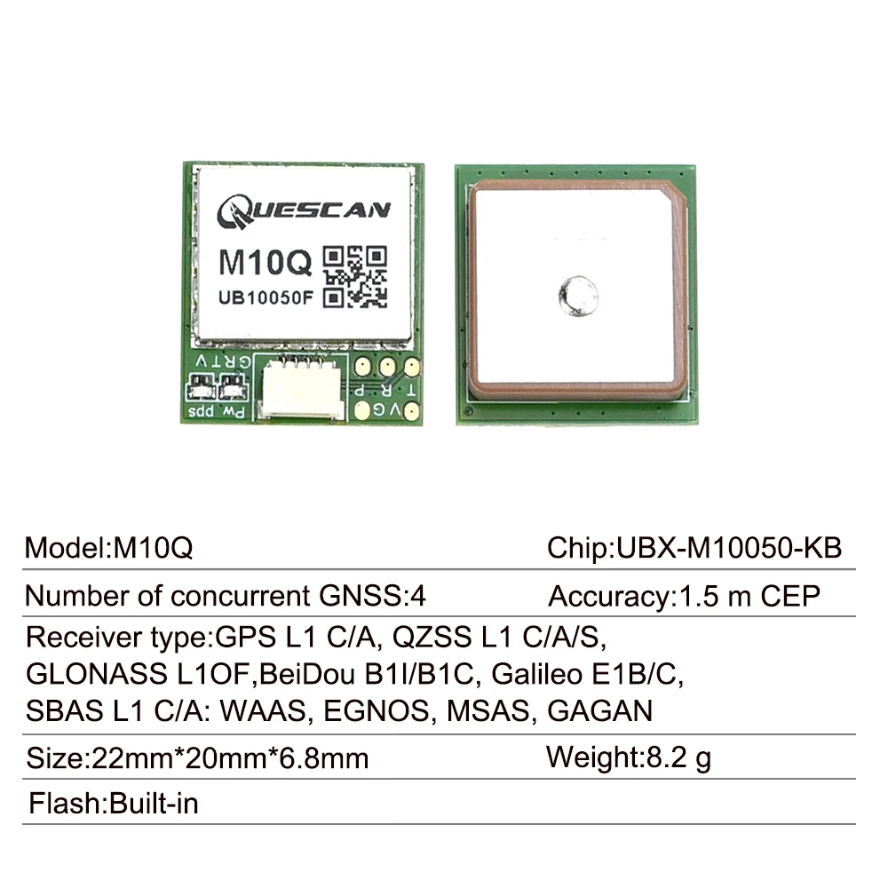 وحدة QUESCAN M10Q M10 GPS GNSS مع هوائي GPS GLONASS Galileo BeiDou Receiver NMEA UBX-M10050-KB، 1-25Hz، 22*20mm
