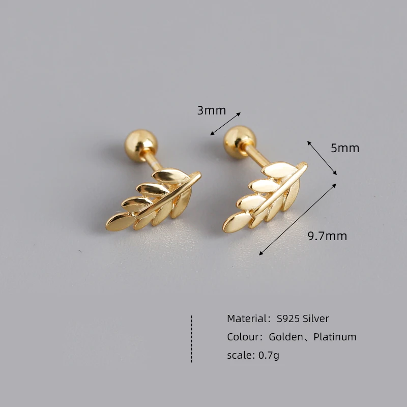 WANTME 925 Sterling Silver Fashion Simple Ear Bone Piercing Screw Beads Leaf Stud Earrings for Baby Women Statemnet Gold Jewelry