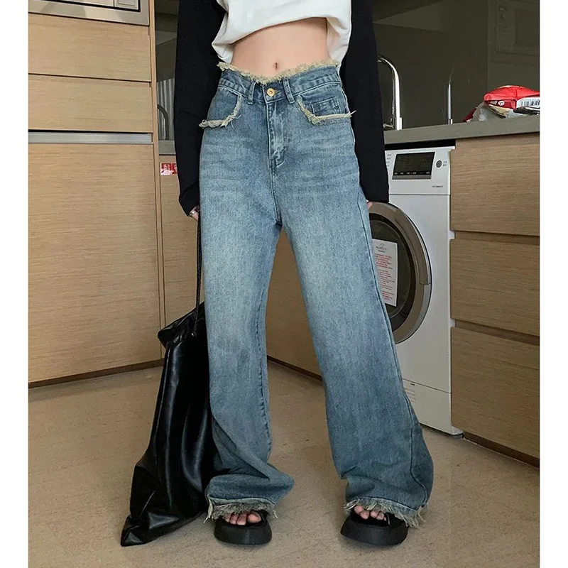 

Hot Sale Women Classic Retro Thin Denim Pants Female Ripped Straight Leg Jeans Pants Girls High Waisted Slim Fit Jeans Trousers