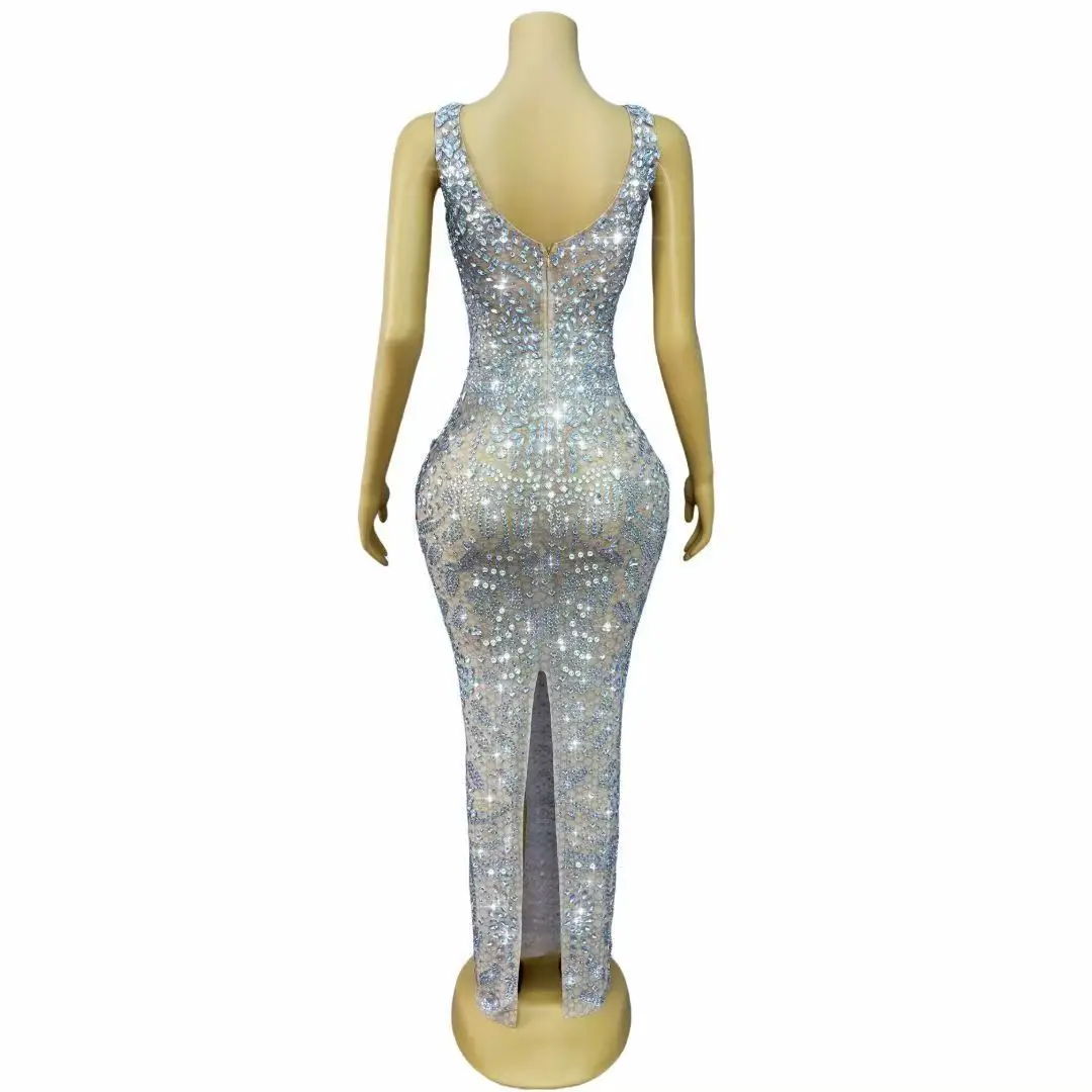 Sexy piscando prata strass sem mangas cultivo maxi vestido feminino noite casamento vestidos elegantes festa tapete vermelho wear