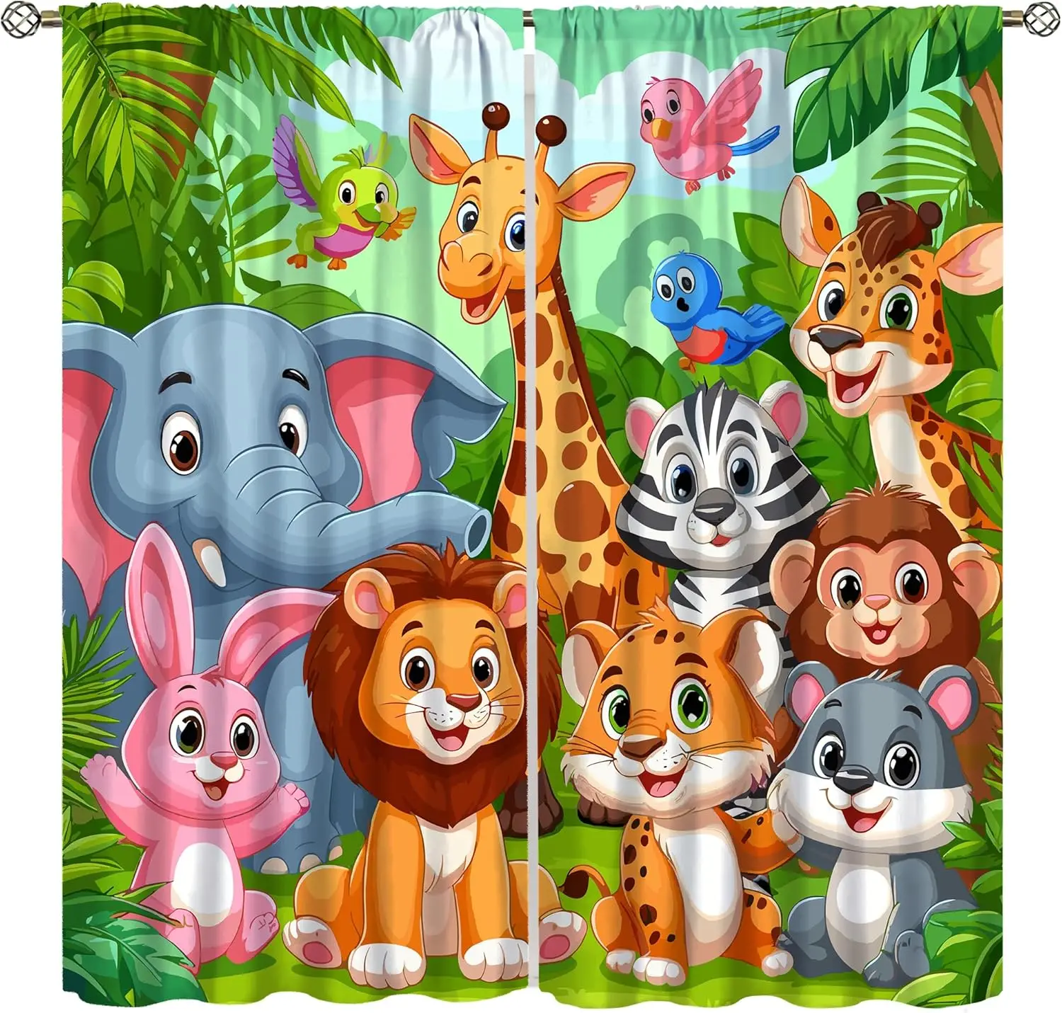 Kids Forest Animal Curtains, Cartoon Watercolor Forest Plant Lion Elephant Bird Rabbit Wildlife Window Treatments Drapes for