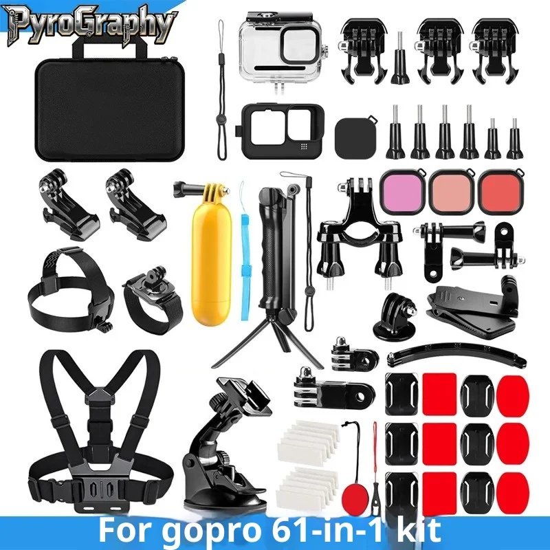 

Аксессуары для спортивной камеры для пирографии, набор 61 в 1, с сумкой для хранения, набор аксессуаров для спортивной камеры GoPro для Gopro Hero 13/12/11/10/9