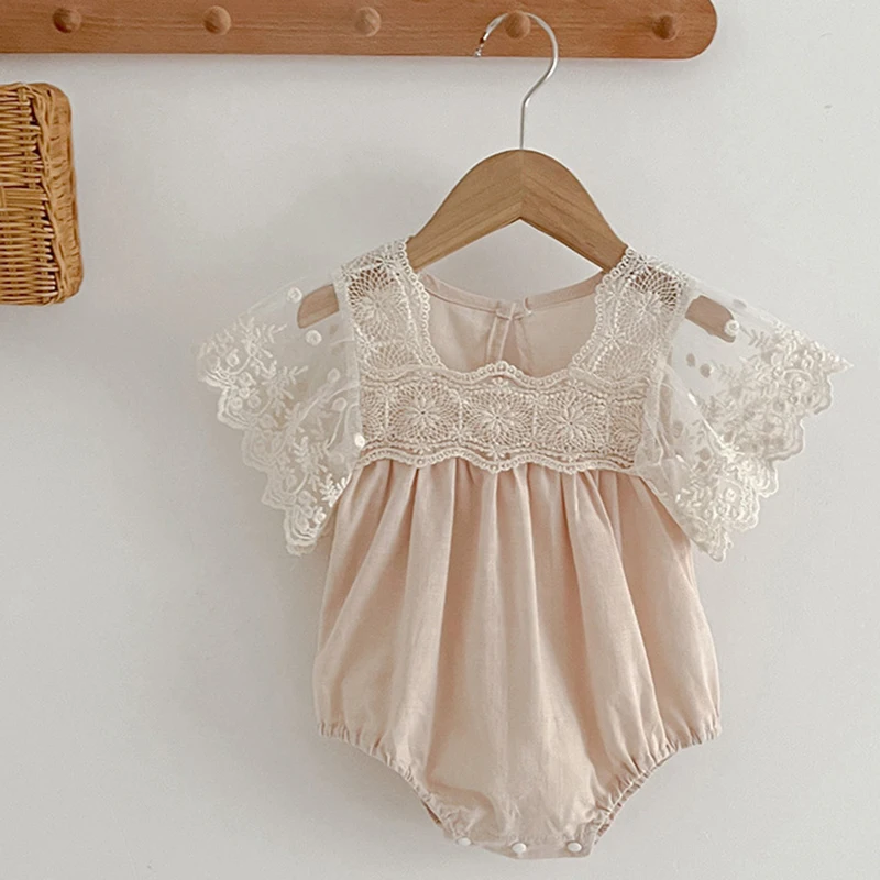 Summer Toddler Baby Girls Rompers Princess Bodysuit Solid Color Girls Jumpsuits Girls Lace Rompers Puff Sleeve Toddler Clothing