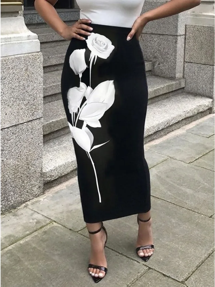 Missuoo Women Black Midi Pencil Skirt White Rose Print High Waist Bodycon Formal Party Midi Skirt 2026 Summer Elegant Bottoms