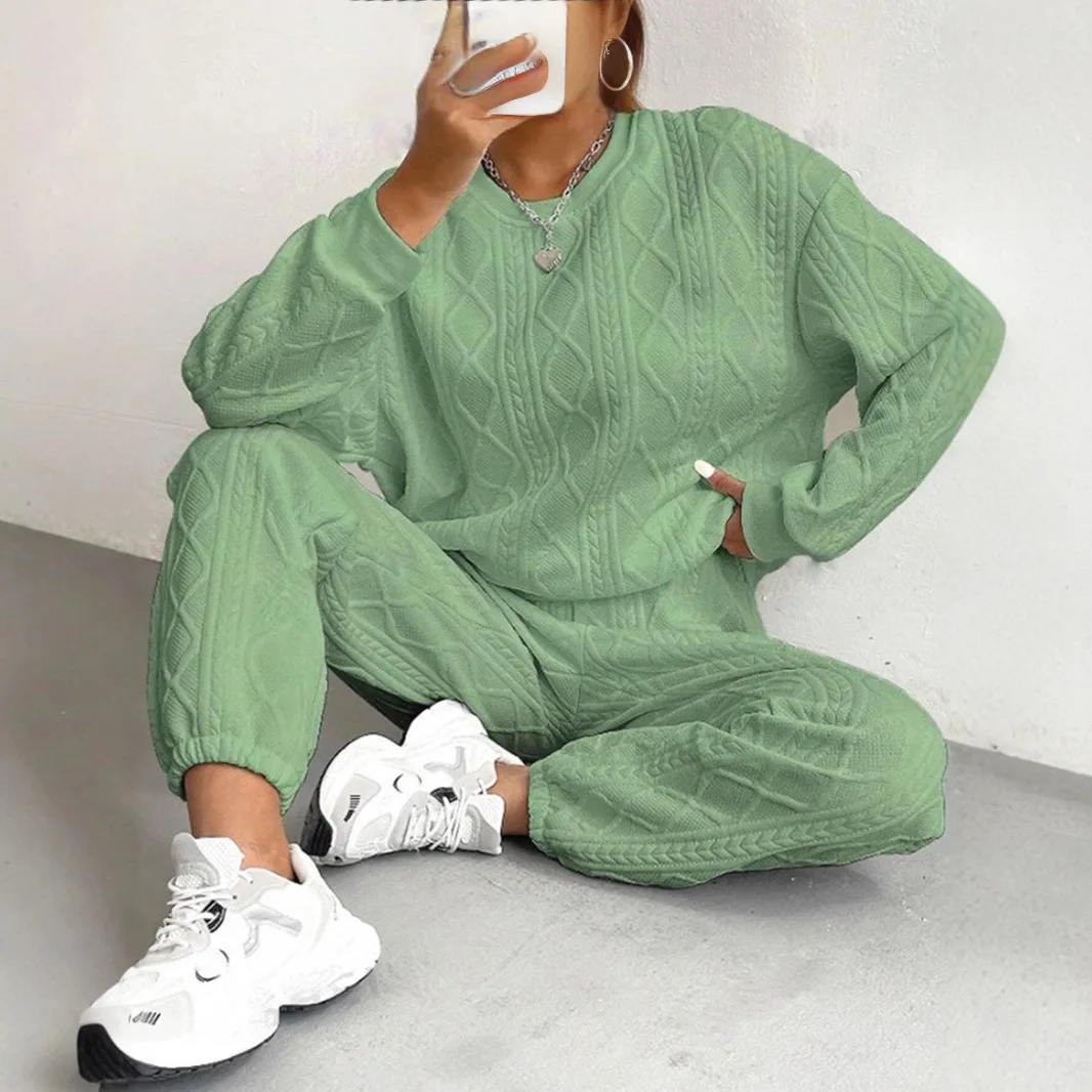 Conjunto de dos piezas de pantalones para mujer, pantalones de cintura elástica, Tops de manga larga con cuello redondo, jersey con empalme, informal, liso, otoño 2025
