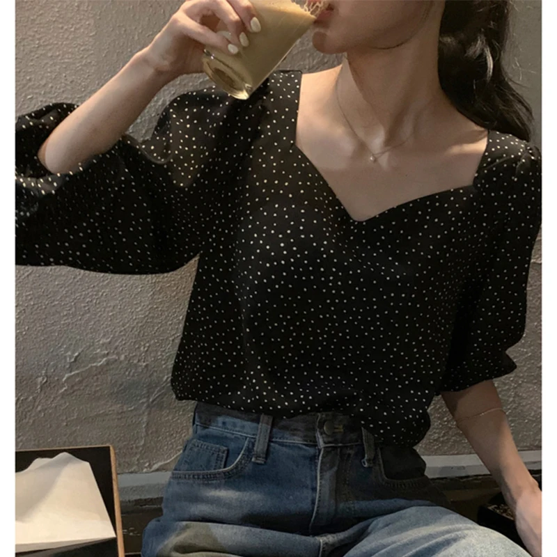 Korean Chic Autumn French Style Retro Square Collar off-Shoulder Contrast Color Polka Dot Design Loose Versatile Long Sleeve Shi