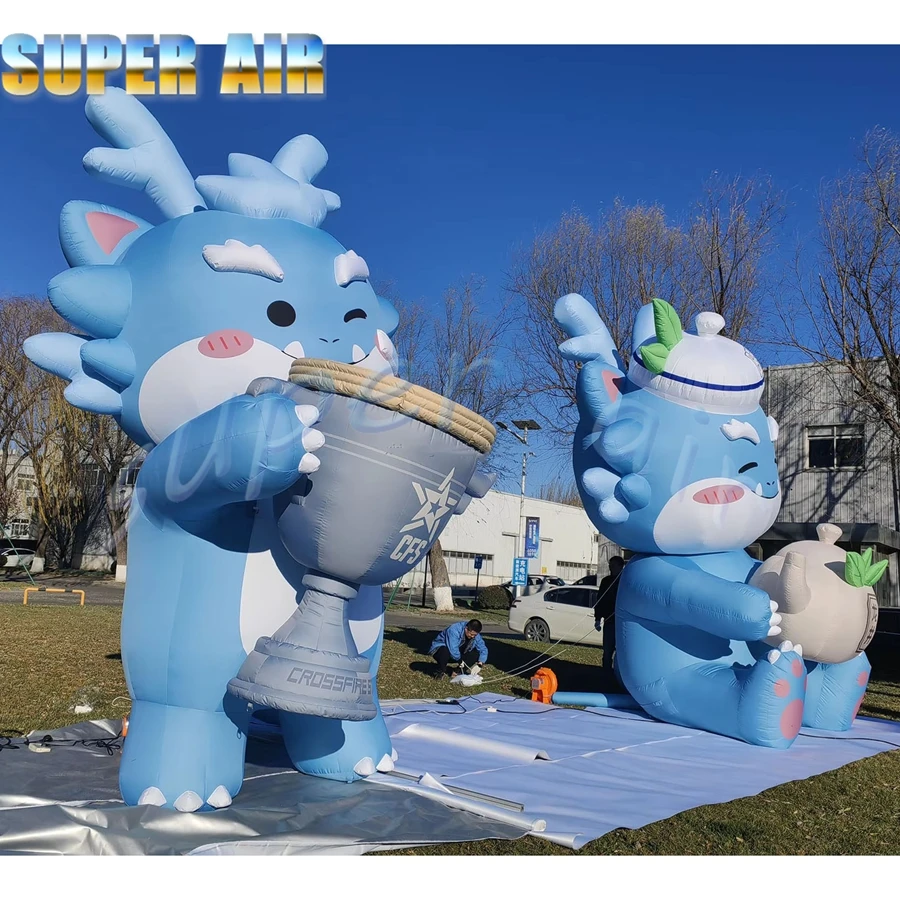 Gran oferta, bonito modelo de dibujos animados azul, mascota inflable con una taza de café para decoración de cafetería