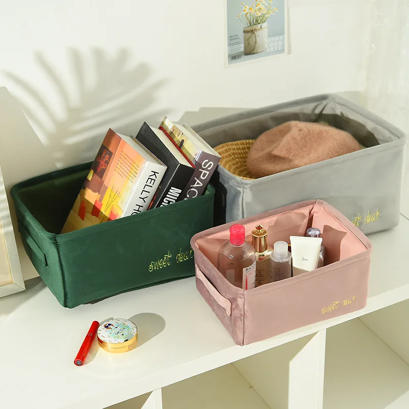 

Luxury Velvet Sets Storage Basket Cute Rectangle Sundries Cosmetics Organizer Table Fabric Clothing Box Handles Delicate Bin