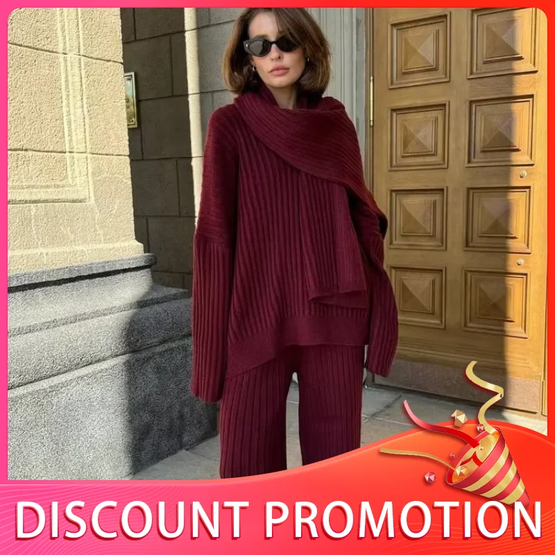 Casual Solid Knit Loose Wide Leg Pants Set Women Elegant Scarf Neck Basic Warm Sweater Suit Lady Chic Autumn Winter 2-piece Sets