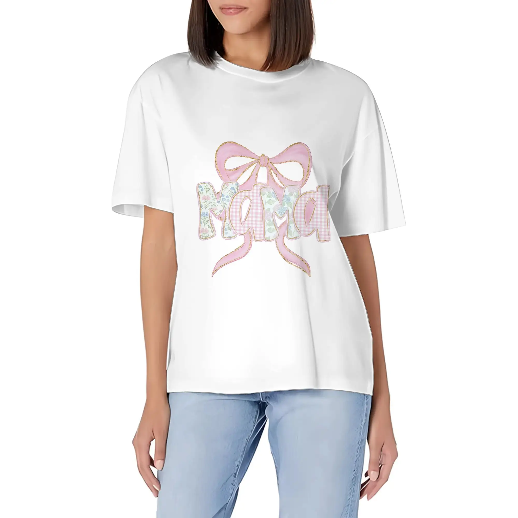Floral Design Mom Bow Outfits for Women World Cup Clothing Game Day Outfit Loose Fit USA Soccer T Shirt Outfits for Women