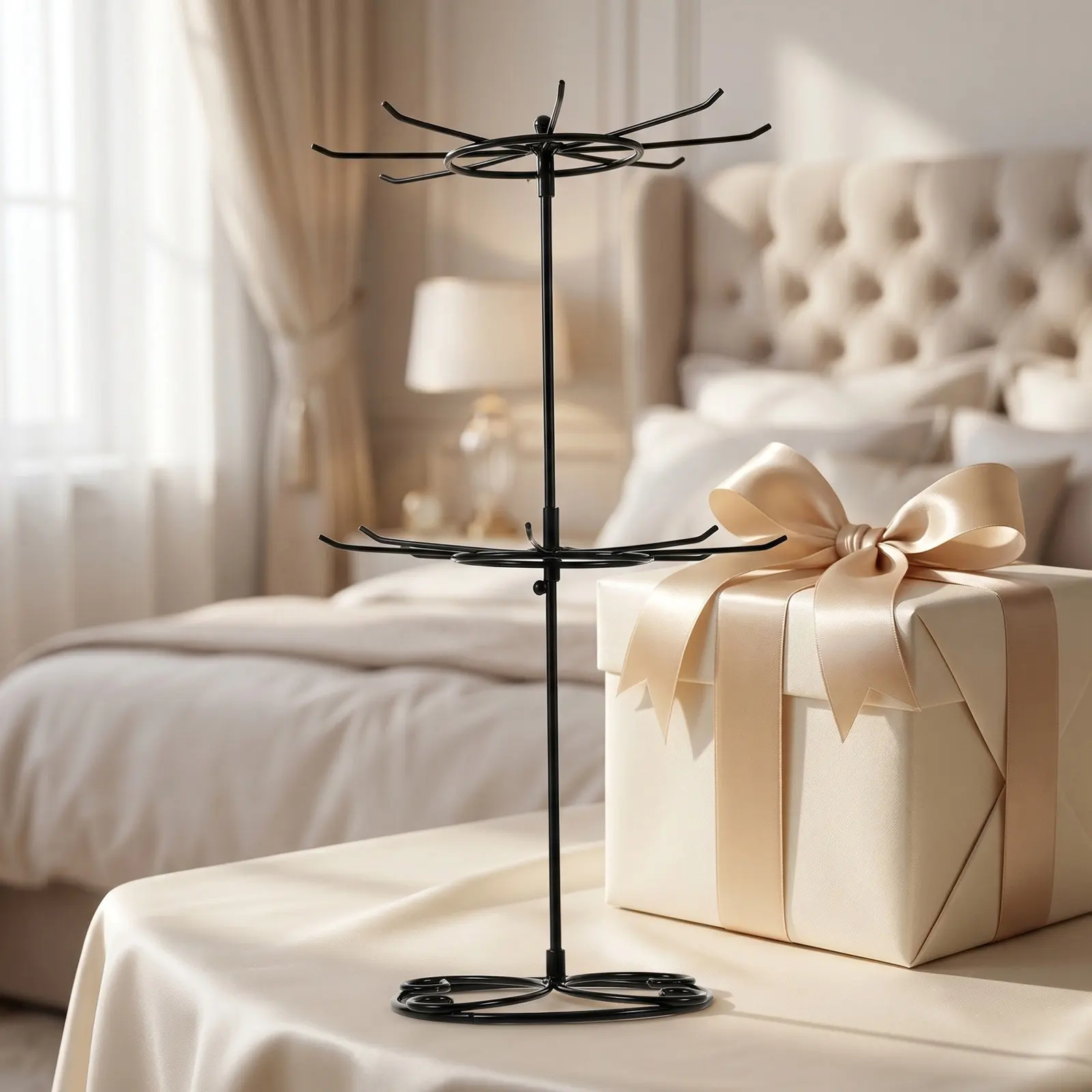 Black 2 Tier Rotating Necklace Organizer Metal Jewelry Table Display Rack 16 Hooks for Bracelets Earrings Necklace Holder