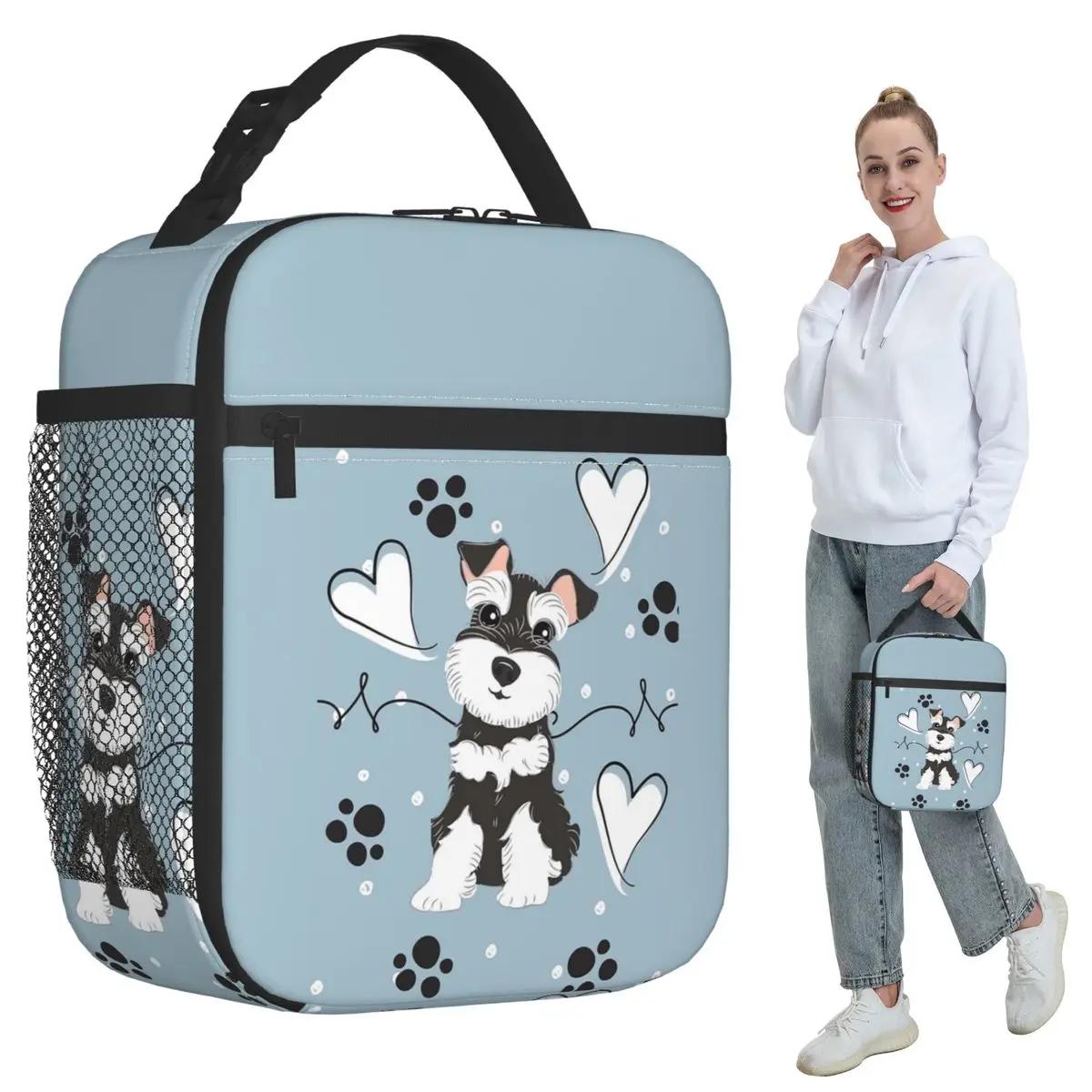 Love Black And White Miniature Schnauzer Insulated Lunch Bag for Kids School Cooler Thermal Food Box Tote Lunch Boxes Container