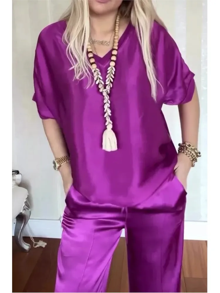 2025 Summer Casual Solid Color Satin Two Piece Sets Women V-neck Tops Long Pants Loose Suits Female   Fashion Ladies Pocket Sets