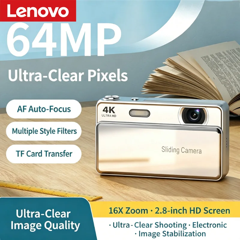 Appareil photo numérique Lenovo 64 mégapixels avec zoom 16x, 4K HD, caméra portable avec autofocus, cadeau idéal pour les étudiants