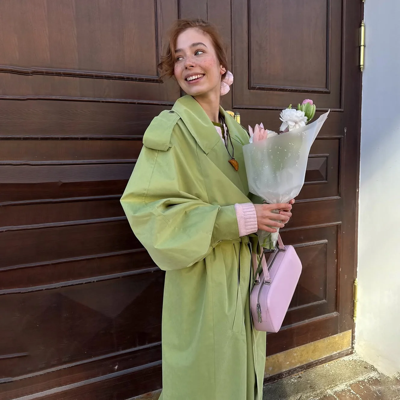 

Women Green Lapel Coat Belted Long-Sleeve Loose Outerwear Chic Autumn Street Travel Leisure Cozy Office Weekend Birthday Gift