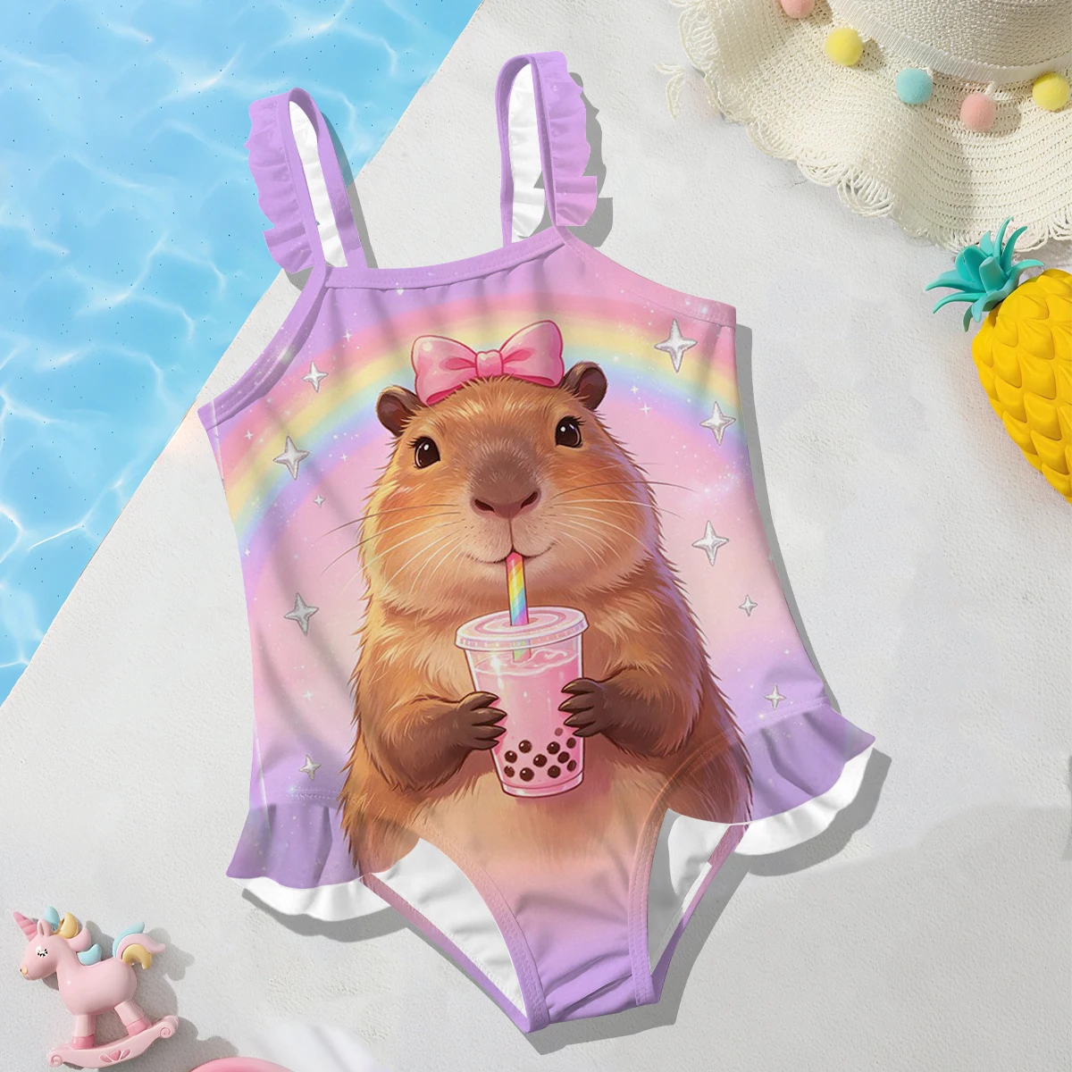 Girls' Summer Atmospheric Capybara Fashionable Tight One-piece Swimsuit
