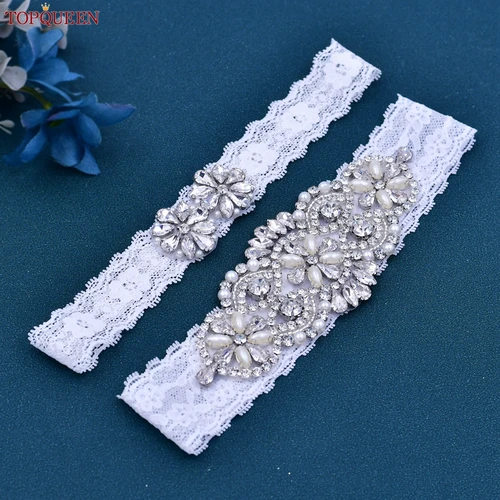 Imagen 2 del producto TOPQUEEN-Conjunto de Liga Sexy para chicas, encaje blanco, nupcial para mujer, cinturón de diamantes de imitación plateados, ligas de boda negras para vestido de novia S76