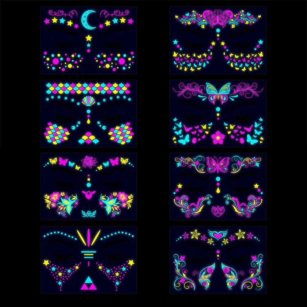 Светящаяся татуировка для лица, временная Водонепроницаемая фея, Бабочка, блестящее искусство, Женская музыка, искусственные татуировки для макияжа, искусственные татуировки, модель C0M4