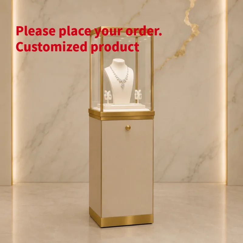 custom.Jewelry Display Pedestal Milk White Jewelry Showcase Tower with LED Lighting High End Retail Boutique Interior Furniture