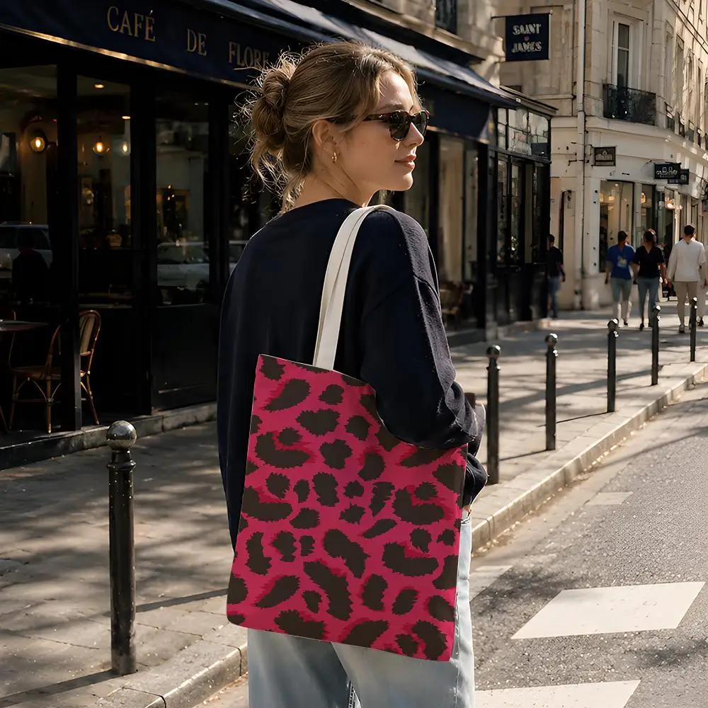 Pattern Trendy C-Colorful Leopard Print Storage Bags Reusable Canvas Tote Suitable for School Class Commuting Shopping as Gifts