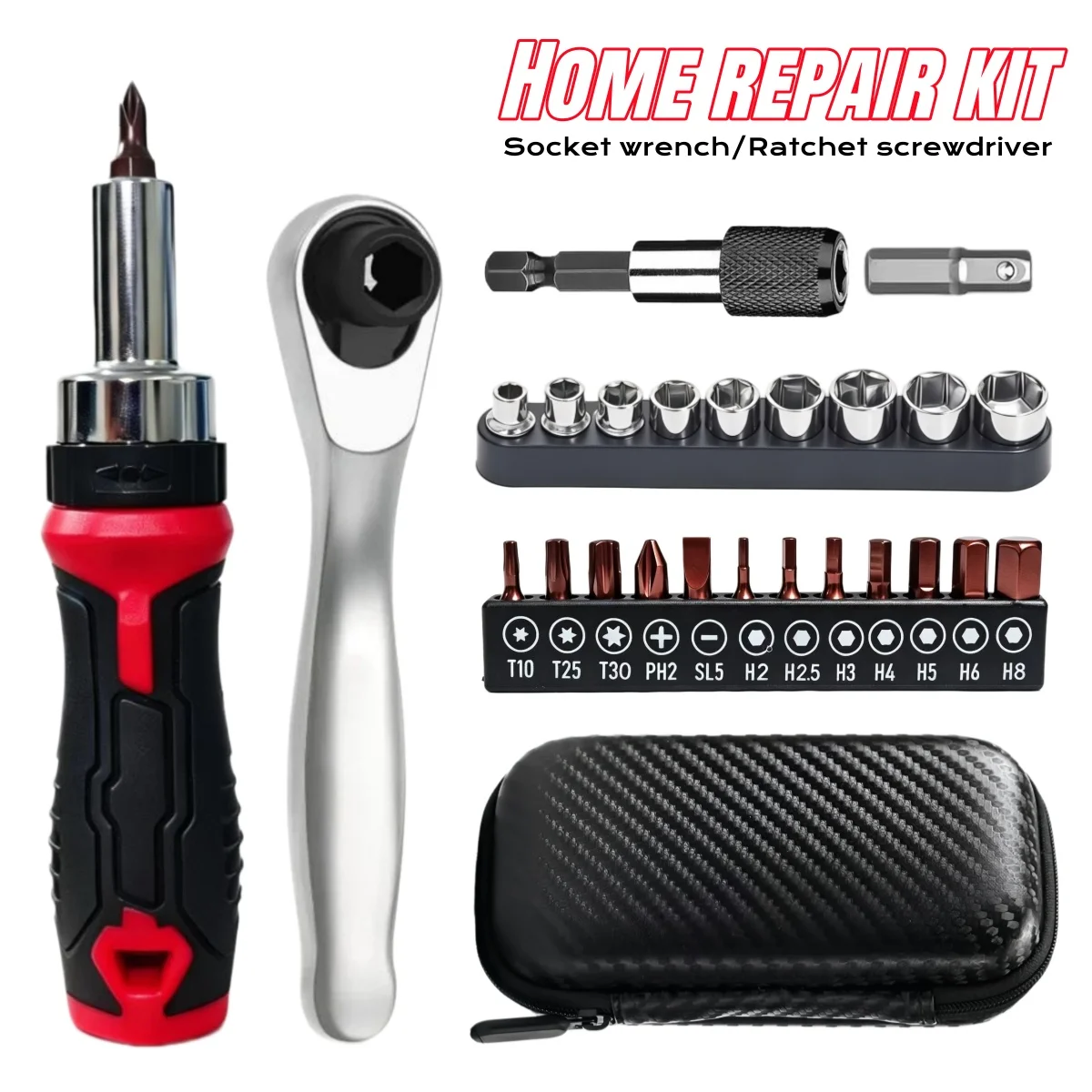 25/33in1 Ratchet Wrench Set 1/4 Drive Ratchet Screwdriver Socket Set Phillips TORX HEX SLOTTED 25mm Bit Tool Home Repair Toolkit