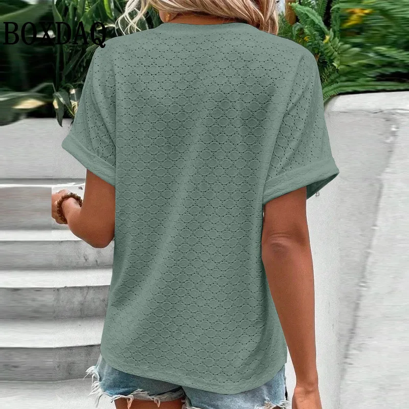 Women Summer Trendy Simple Casual Streetwear With Button T Shirt V Neck Short Sleeve Solid Loose Pullover Tops Y2K Ropa De Mujer