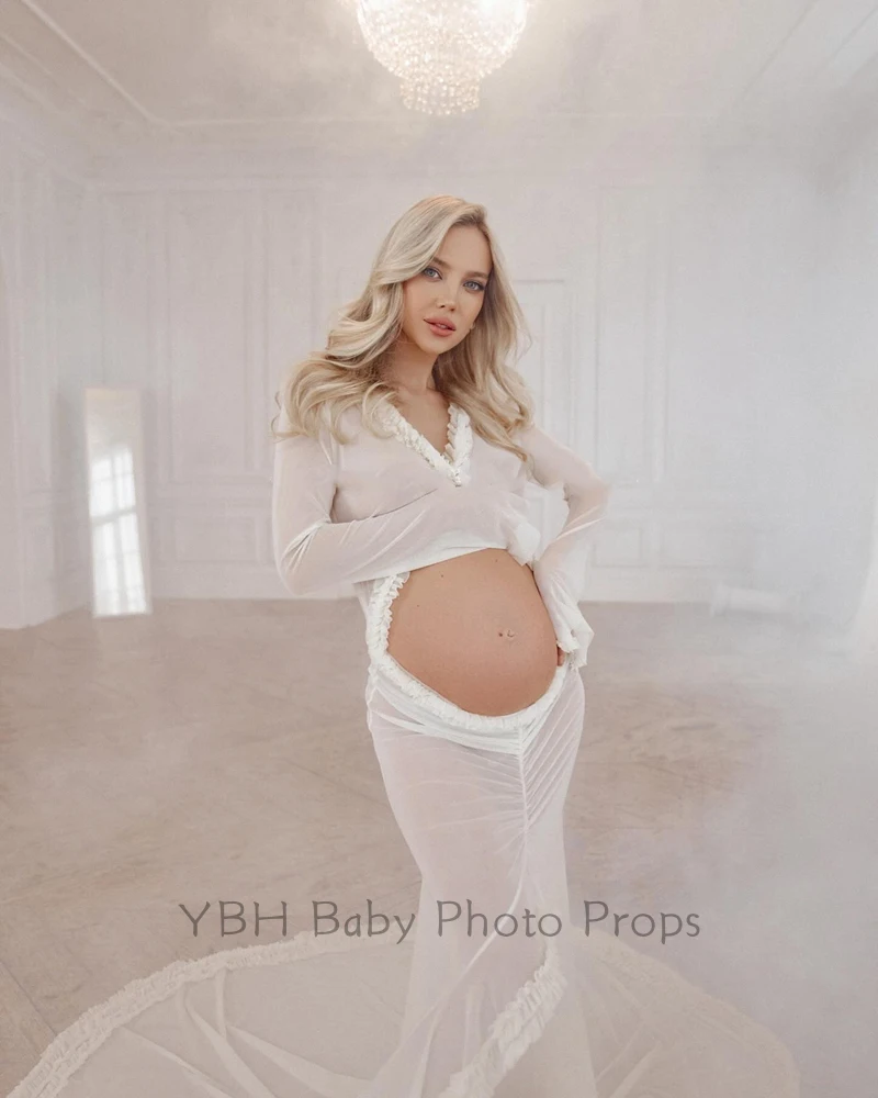 Maternity Photoshoot Stylish Gown Deep V-Neck Long Sleeve Petite Pregnant Women Photography Shoot For Baby Showers