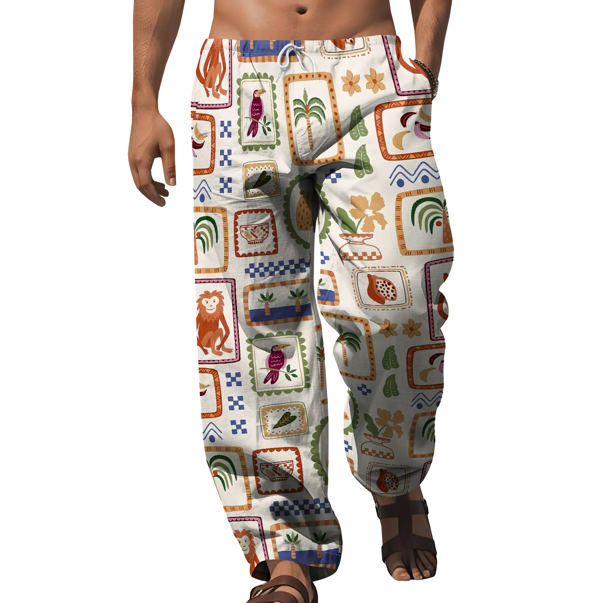 YEAE Tropical Frame Print Pants for Men Summer casual Loose Drawstring Trousers