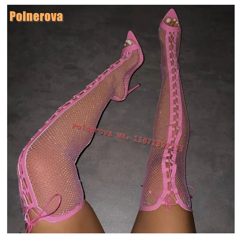 Pink Cross Tied Rhinestone Mesh Sandals Peep Toe Thin Heels Lace-Up Sexy Spicy Girl Gladiator Plus Size 35-42 Fishing Net Boots