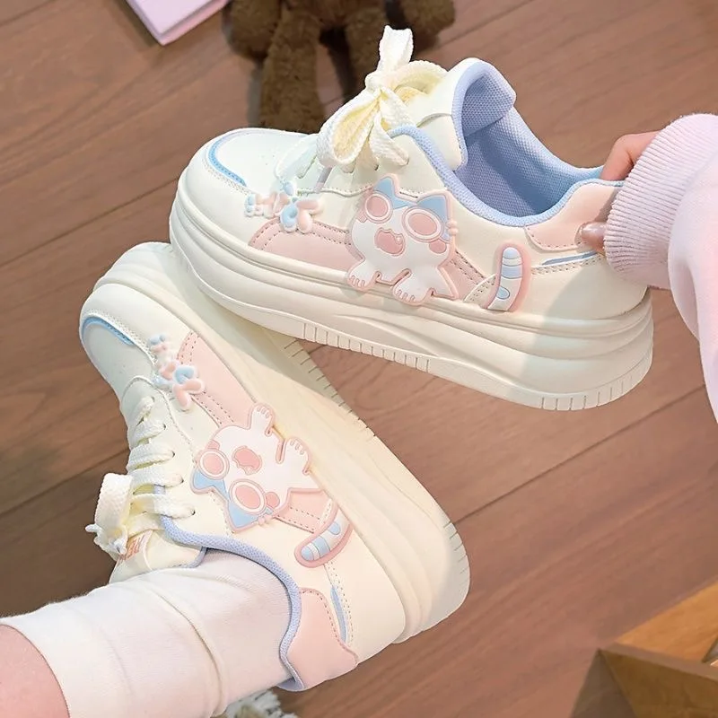 Cute  Pattern Women's Shoes Thick Bottom Heightening Student Style Crossband Breathable Mesh Inner Casual Board Shoes