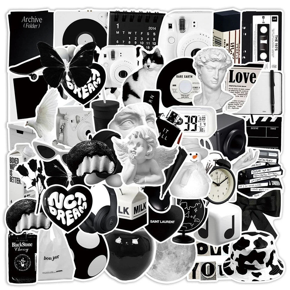 10/30/50pcs Cute Black White Simple Stickers Graffiti Ins Style Cartoon Decals For Suitcase Phone Fridge Skateboard Sticker Toy