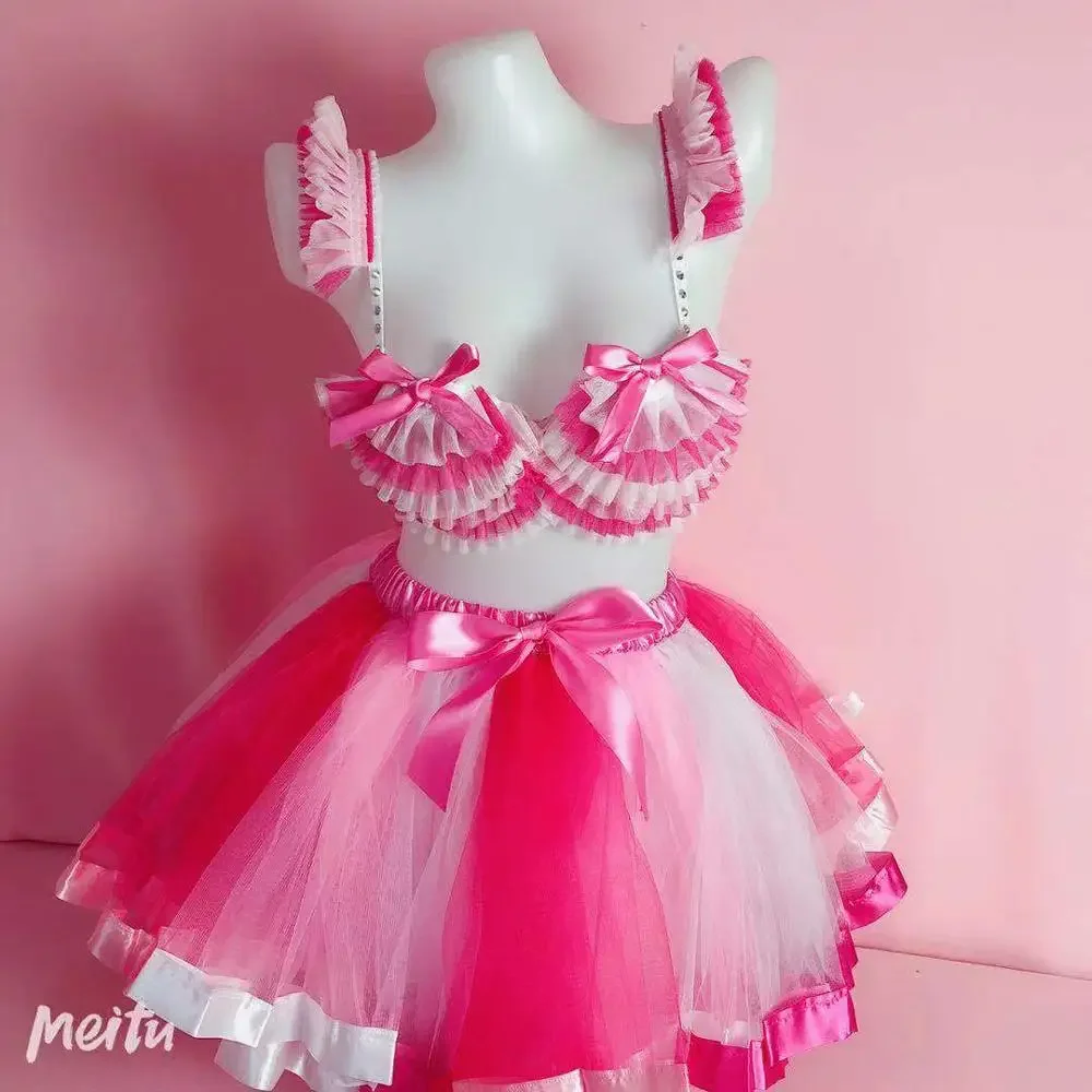 Feminino rosa biquíni mini saia conjunto sexy equipe de dança gogo outfit bar boate festa palco wear dançarino cantor desempenho traje b