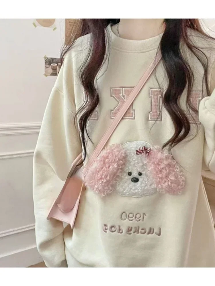 Japanese Kawaii Hoodies Women Dog Letter Embroidery Sweet O-neck Loose Sweatshirt Harajuku Y2k Aesthetic Cute Pullovers Moletom