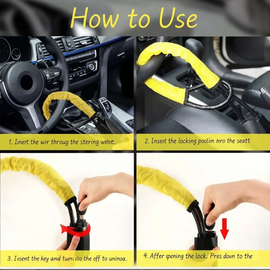 Car steering wheel lock with thick steel cable, handle lock, car seat belt clip lock, universal anti-theft lock for car
