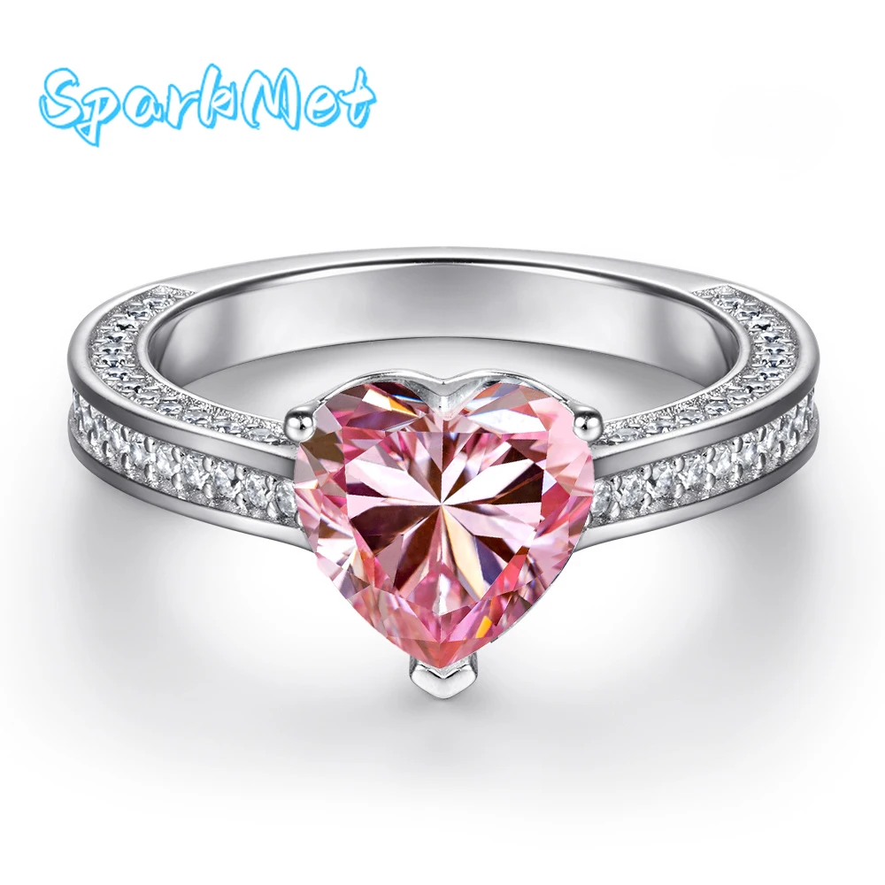 

SparkMet 100% натуральное кольцо с муассанитом 3 карата 9 мм с розовым сердцем и сертификатом пройденное тестовое кольцо с бриллиантом женское ювелирное изделие в подарок S925 серебро