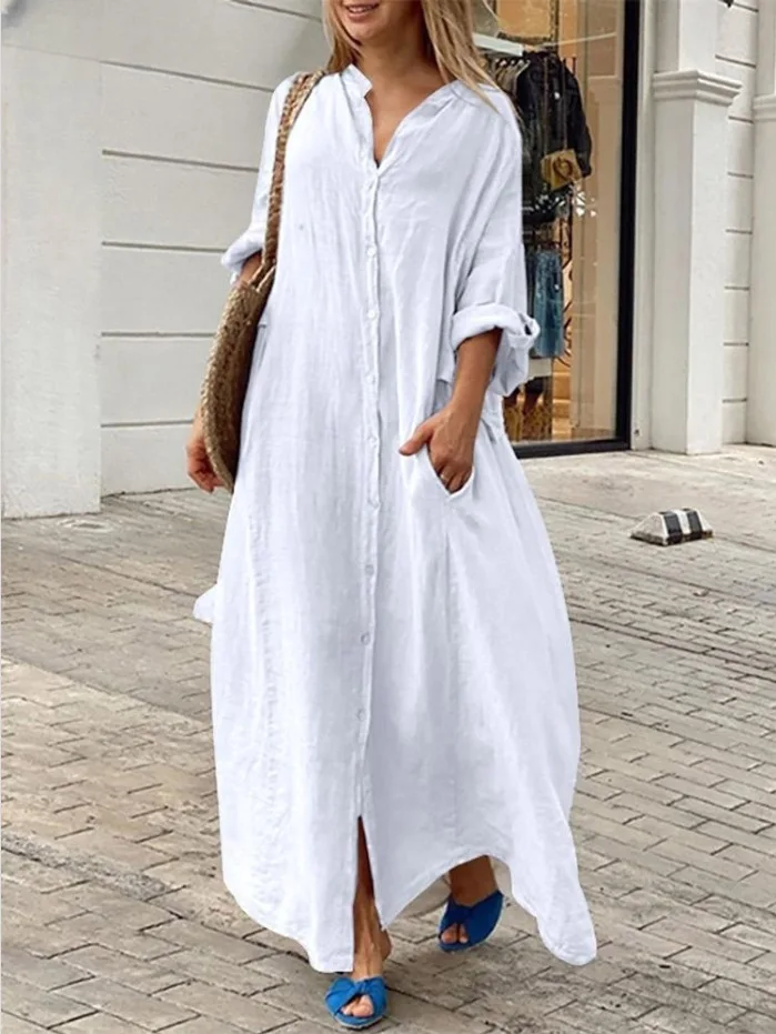 Vestido casual de linho de algodão feminino, manga comprida, vestidos de camisa extragrande, roupas femininas soltas, monocromático, moda feminina, 2024