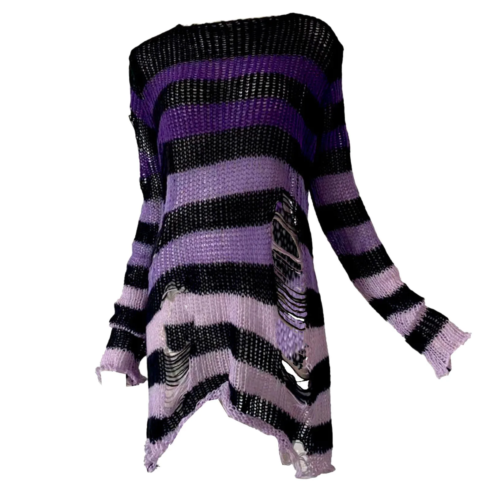 Suéter degradado con agujeros de estilo Punk para mujer, jersey de manga larga con cuello redondo, jersey de longitud media, Top informal que combina con todo, otoño e invierno, nuevo