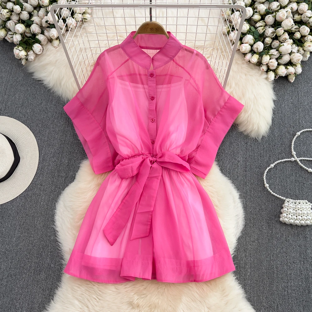 2024 Korean New Design Stand Neck Lightweight Chiffon Bat Sleeves Dress with Hanging Straps Two Piece Set for Women