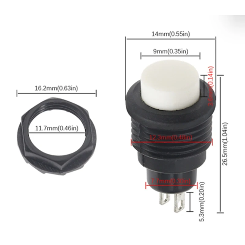 10 Stück Schwarzer R13-502 Runder Selbstrückstellender Druckschalter ohne Verriegelung 12mm 1,5A 250V/3A 125V Kunststoff-Druckschalter – Detail 5