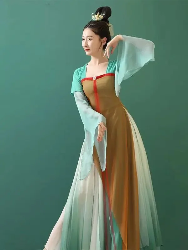 Classical Dance Costume for Women Han and Tang Dynasty Chinese Style Stage Outfit Showcasing an Elegant and Long Mesh Dress